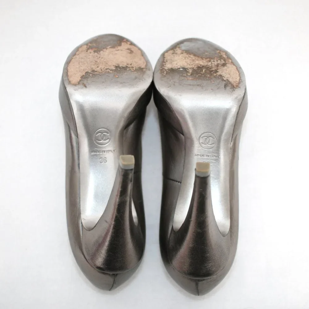 CHANEL Camellia Metallic Silver Leather Pumps Sz 36 - Picture 11 of 13